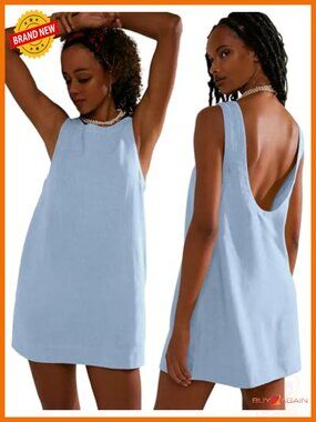 Linen Blend Mini Dress Boat Neck Low Back Sleeveless with Pockets